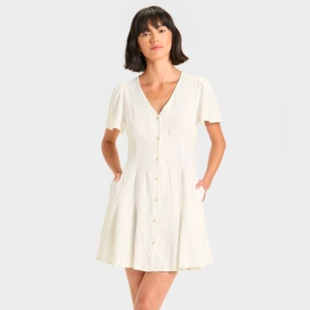 🤍NWOT Universal Thread White Linen-Blend Button-Front Mini Dress Size Medium 🤍 - Picture 2 of 8